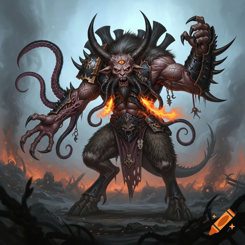 A monstrous, horned chaos spawn with tentacles, a goat-like face, and fiery breath, standing on a desolate, burning landscape. The creature has multiple eyes, sharp claws, and fur on its lower body.