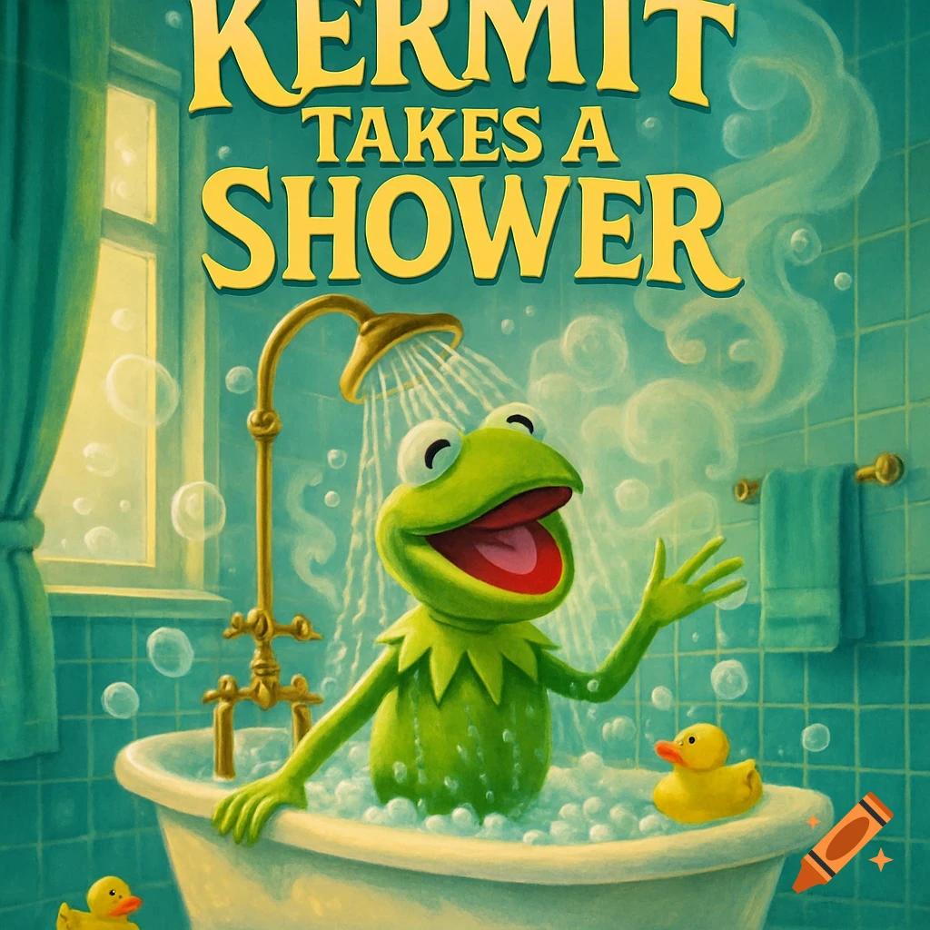 Animated movie poster of Kermit the Frog happily taking a shower in a bubble-filled bathtub with rubber duckies.