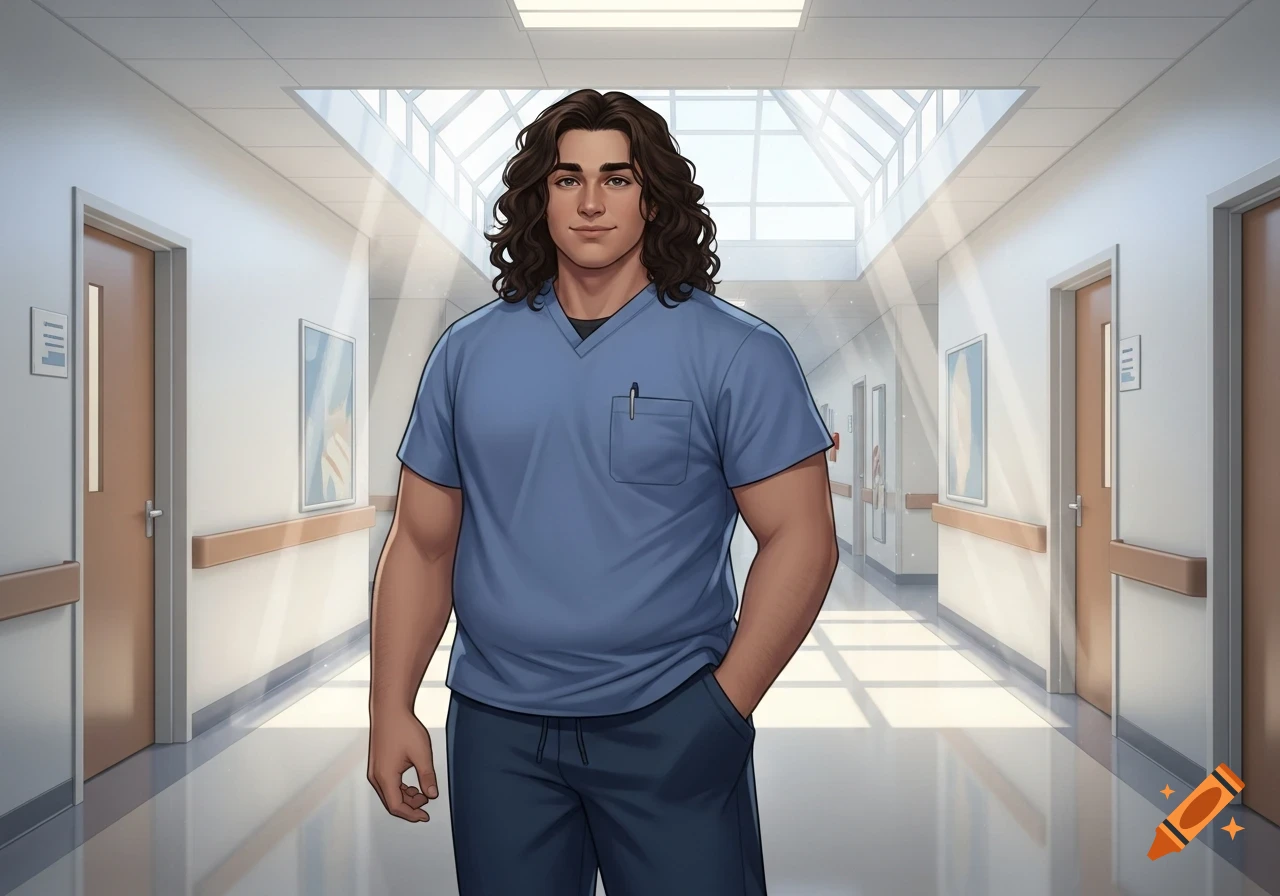 A man with long curly brown hair in blue scrubs stands in a hospital hallway, smiling.