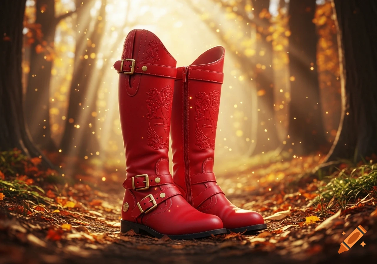 A pair of shiny red riding boots with buckles stands on a forest path covered in autumn leaves, bathed in sunlight.