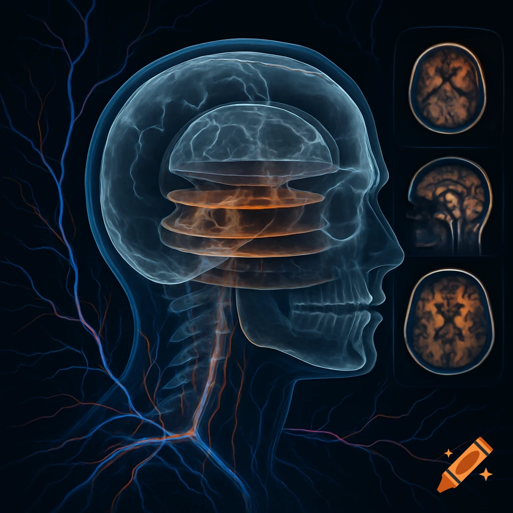 Stylized translucent human head showing glowing brain layers and blood vessels, with brain scan images on the right, all on a dark background.