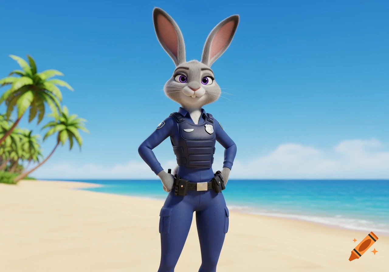3D rendered anthropomorphic rabbit in a blue police uniform standing on a sunny beach with palm trees.