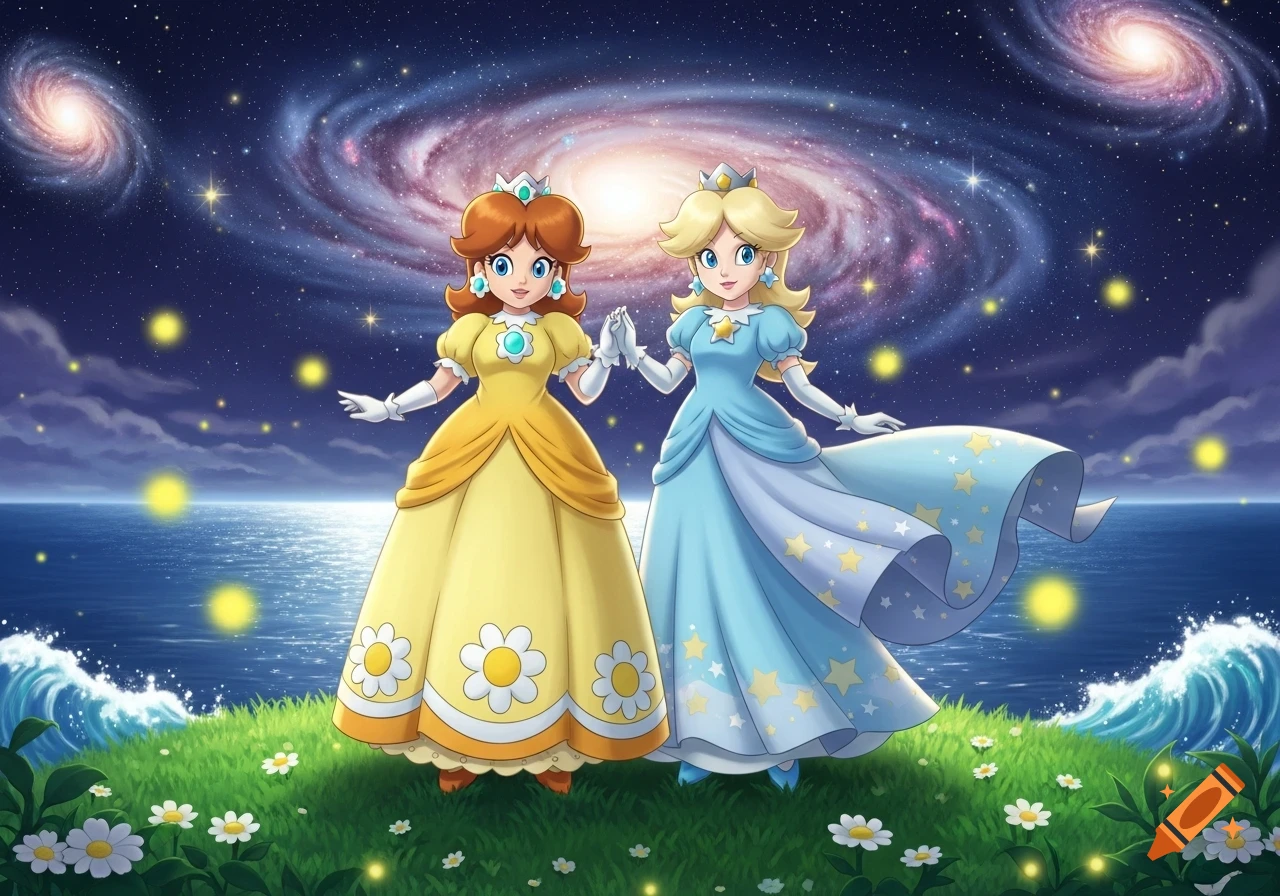 Princess Daisy and Rosalina stand on a grassy hill overlooking a sparkling sea under a starry galaxy sky, holding hands in a cartoon style.