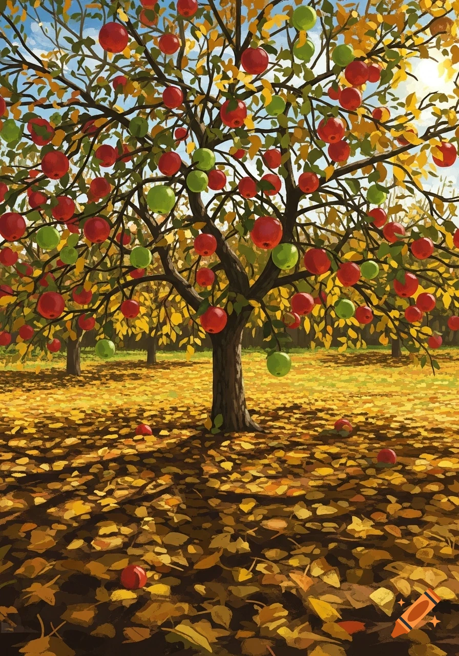 An apple tree laden with red and green apples, surrounded by fallen yellow leaves on a sunny autumn day, in a painterly style.