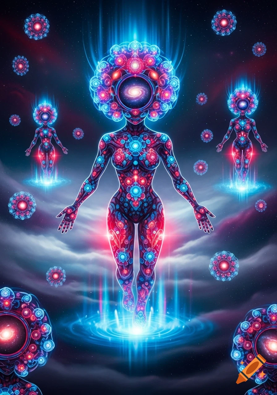 Psychedelic art of a glowing, intricately patterned cosmic being with a galaxy in its head, surrounded by smaller entities in a starry, cloudy space.