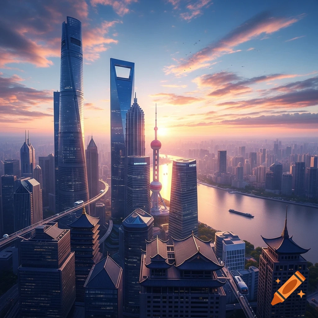 A photorealistic panoramic cityscape of Shanghai at sunrise, featuring modern skyscrapers and traditional buildings along a river.