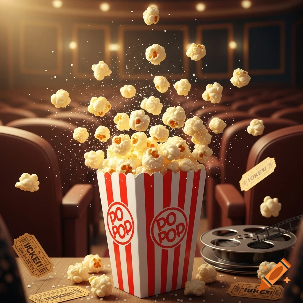 A red and white striped popcorn bucket overflowing with popcorn, some flying in the air, with movie tickets and a film reel on a table in a movie theater.