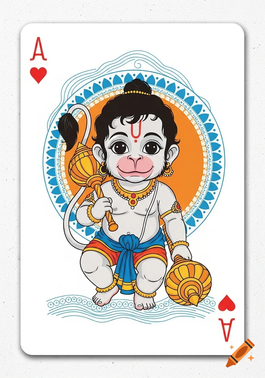Cartoon illustration of infant Hanuman holding a mace, set against an orange and blue circular design on an Ace of Hearts playing card.