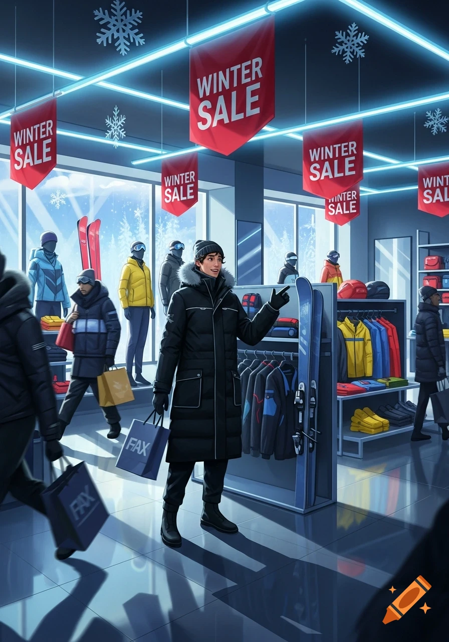 Illustrative view of a modern sports store winter sale, featuring a young man in a black winter coat holding shopping bags and pointing.