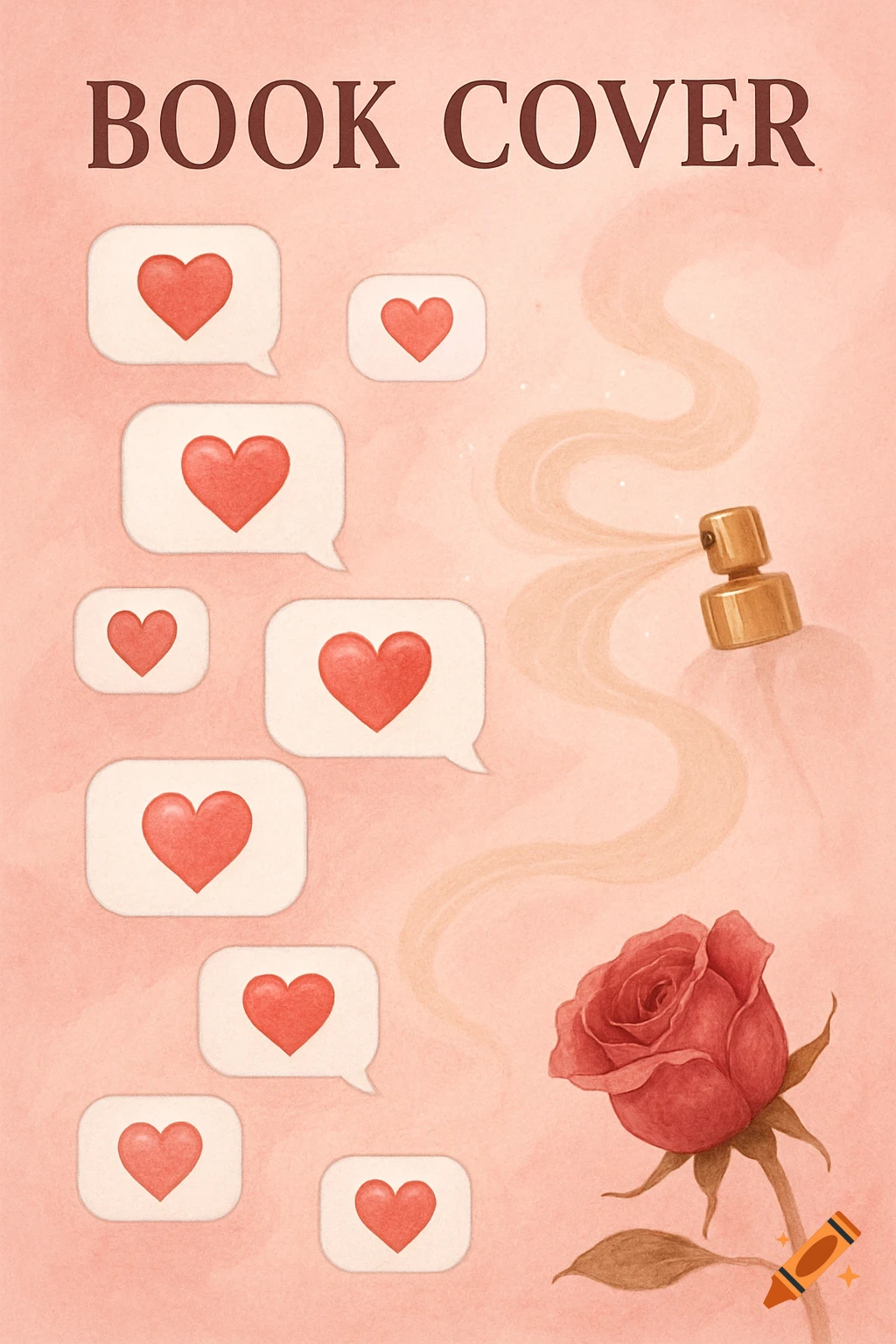 A watercolor book cover in pale pink features floating heart message bubbles, a golden perfume sprayer, and a red rose.