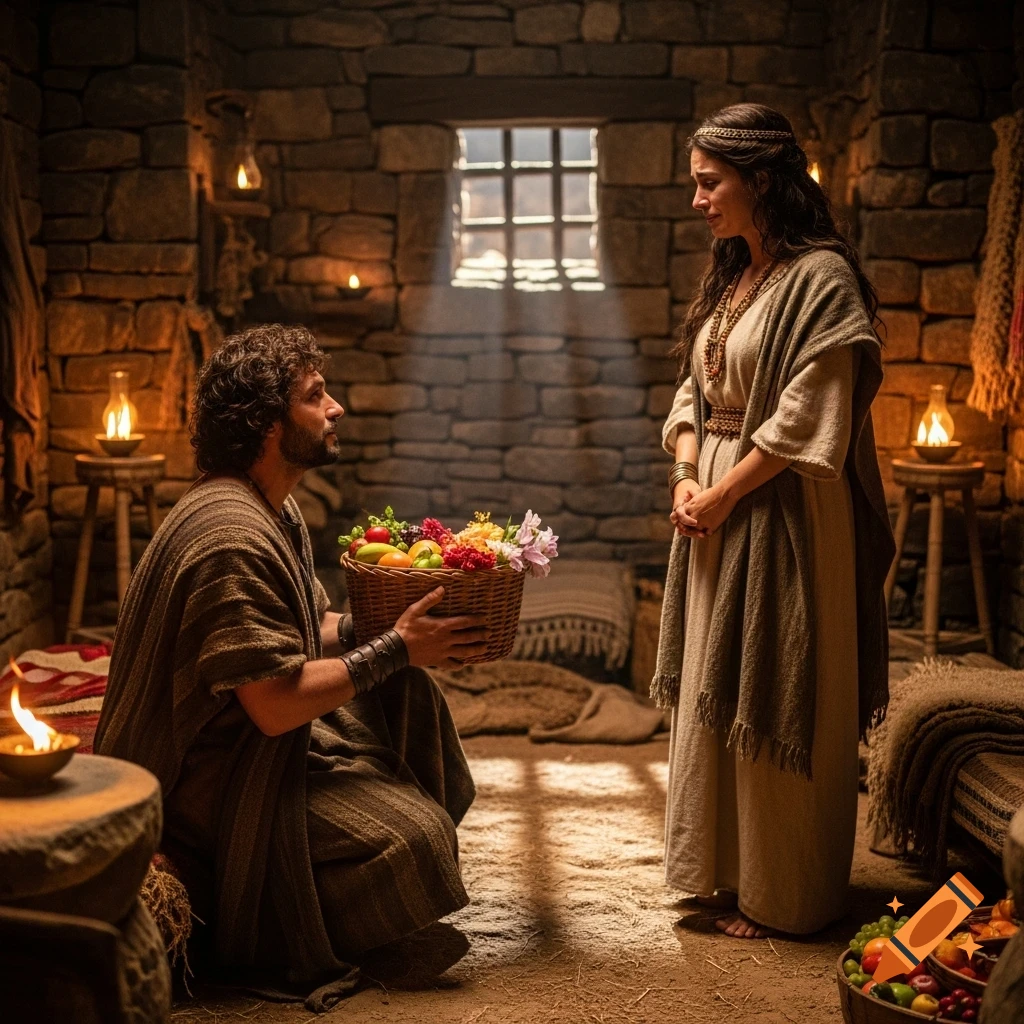 A man kneels, offering a basket of fruit and flowers to a crying woman in a stone-walled room with oil lamps.