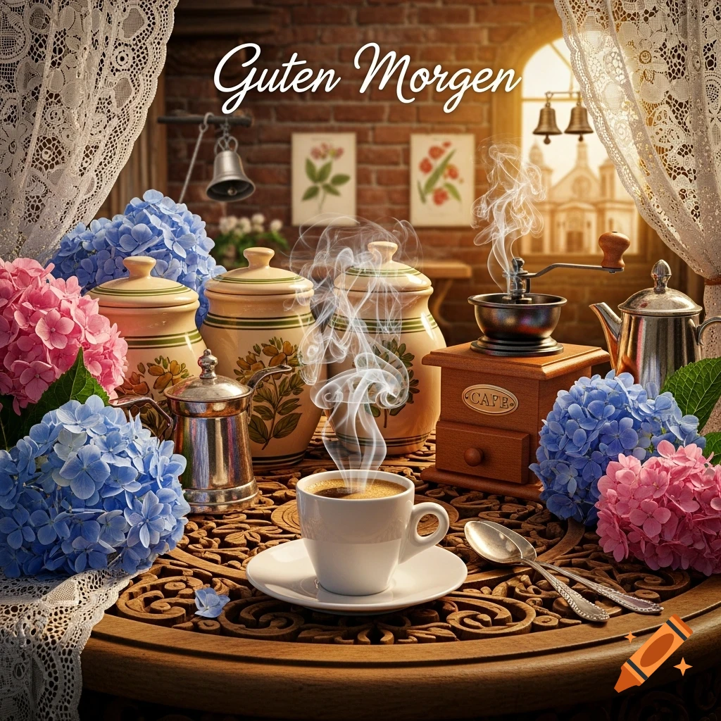 Steaming coffee cup on a carved wooden table with blue and pink hydrangeas, coffee pots, and a grinder, saying 'Guten Morgen' in a cozy morning scene.