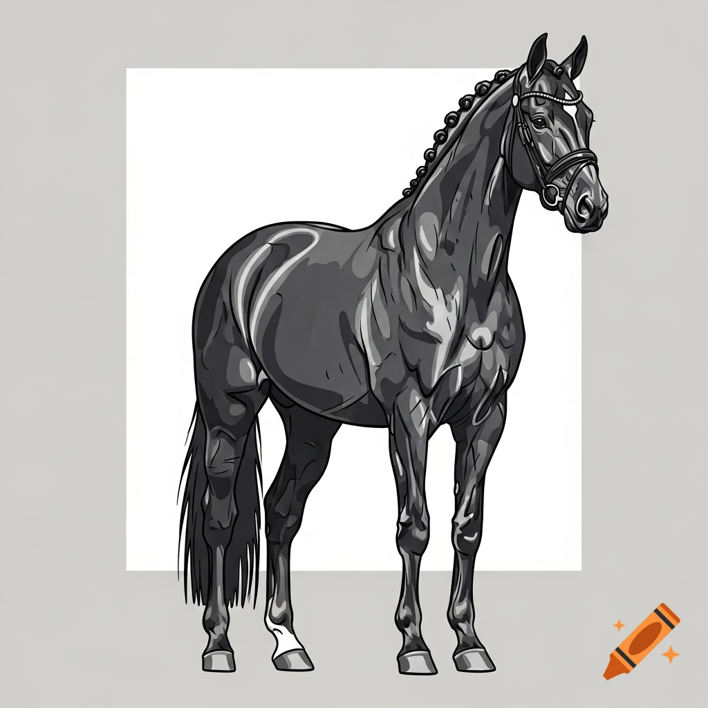 Stylized black dressage horse in a bridle with a white forehead mark, clipart style.