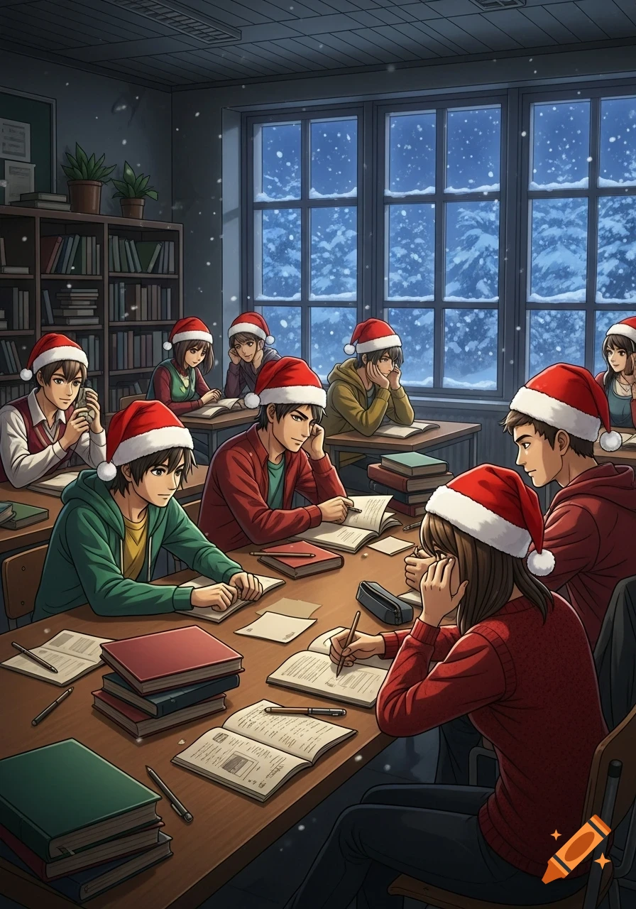 Anime illustration of university students in Santa hats studying in a classroom with snow falling outside.
