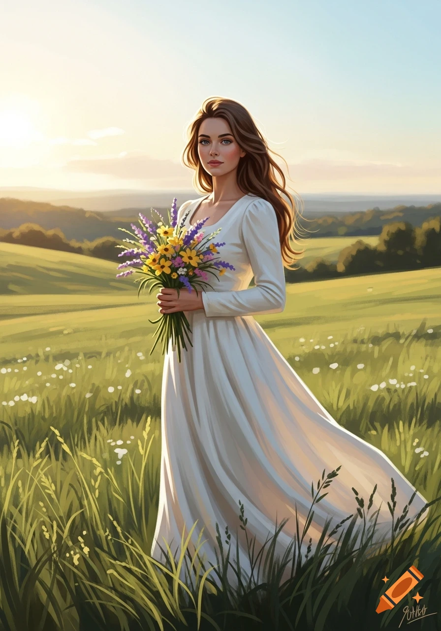 A woman in a white dress holds a bouquet of wildflowers, standing in a ...
