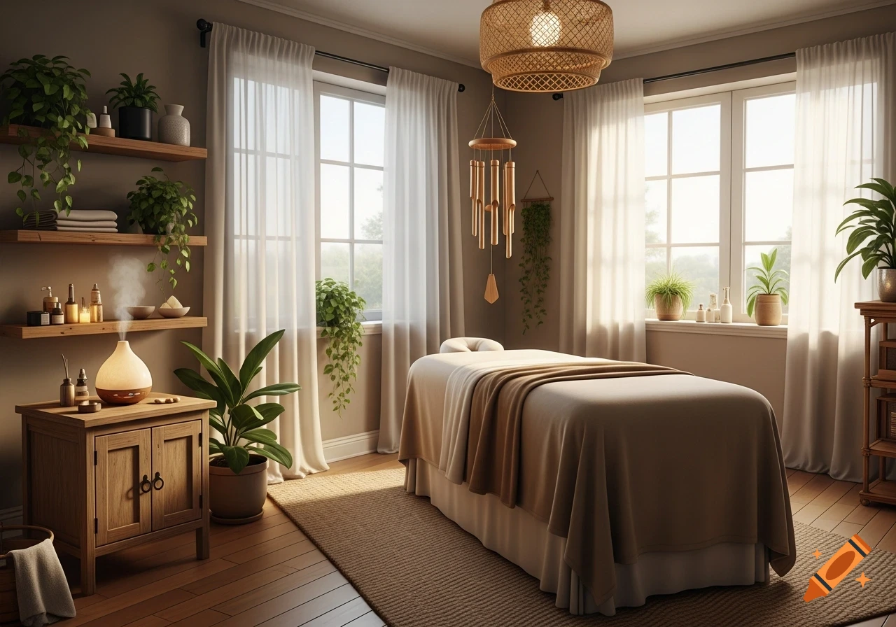 A serene, sunlit therapy room featuring a massage table, an aromatherapy diffuser, potted plants, and wooden shelves.