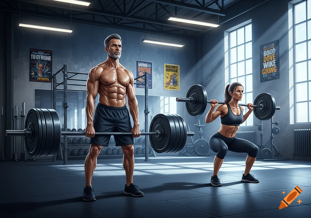 A muscular man deadlifting a barbell and a woman squatting with a barbell on her shoulders in a modern gym.
