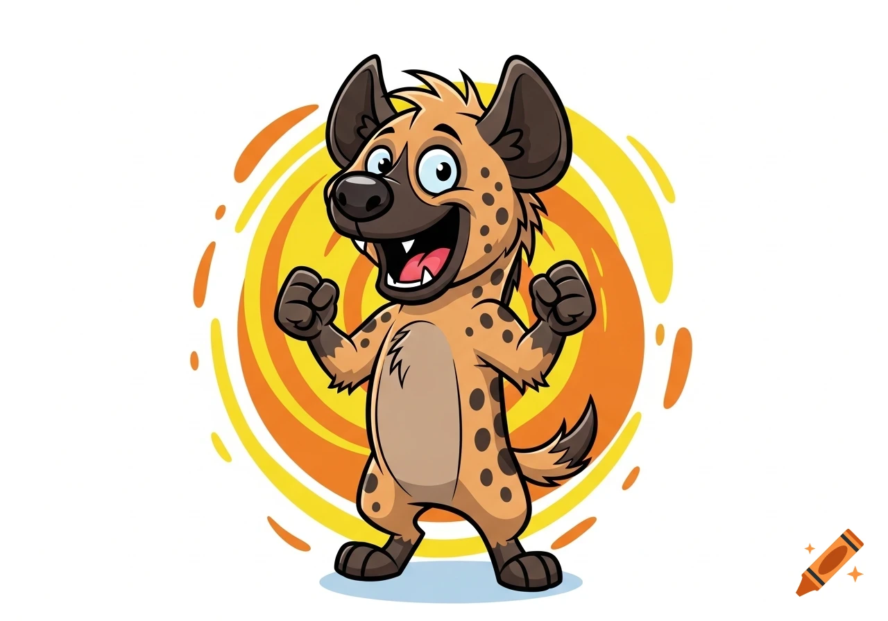 An excited cartoon hyena stands upright, pumping its fists, against a vibrant orange and yellow swirl background.