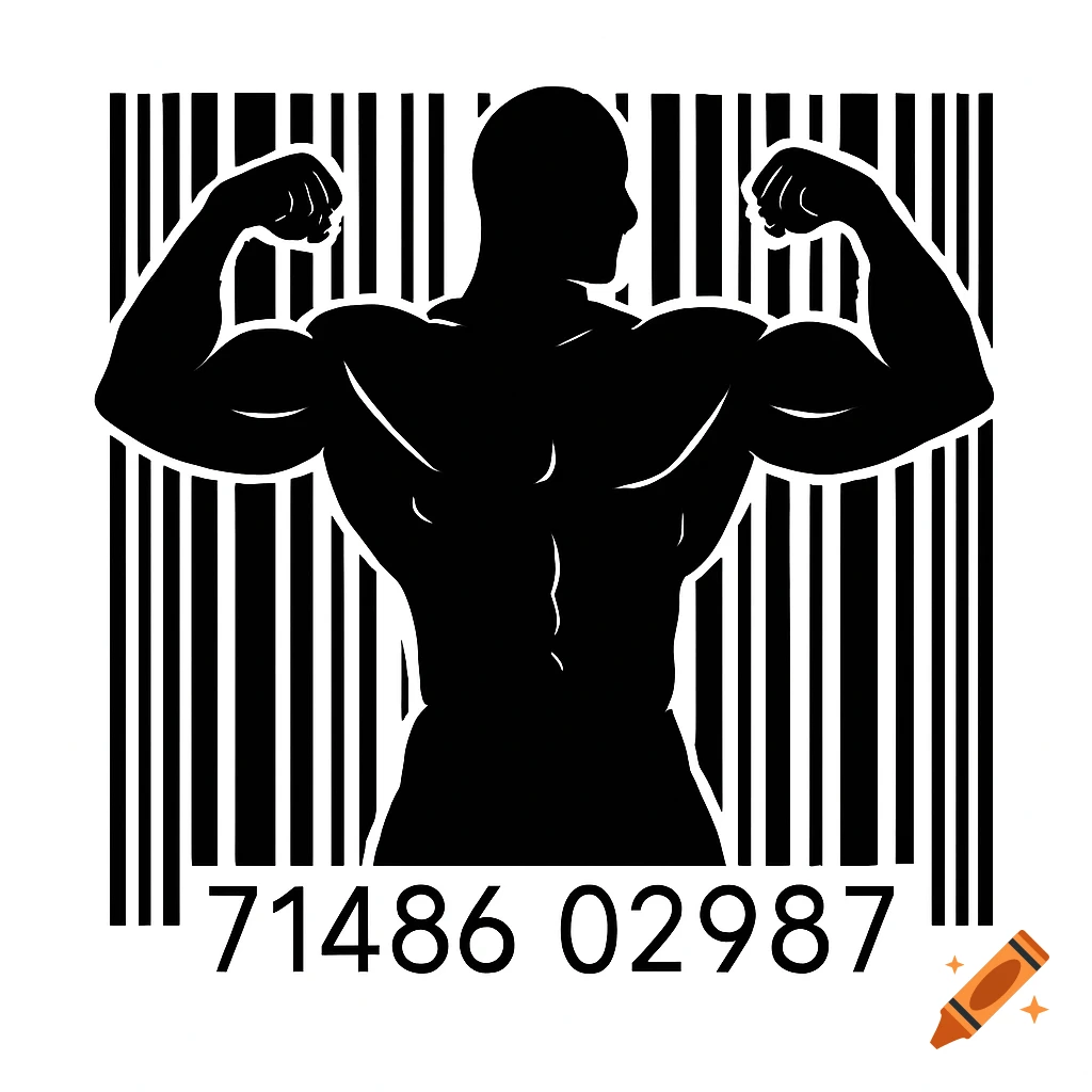 Black silhouette of a muscular person flexing biceps against a barcode background with numbers '71486 02987', vector art style.