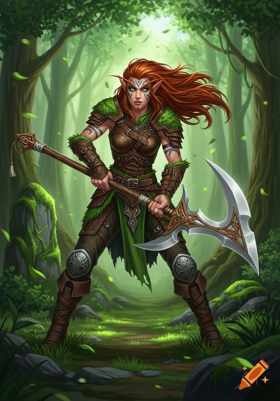 A detailed fantasy illustration of a female wood elf barbarian with red hair, wearing armor, standing in an enchanted forest with a glaive.