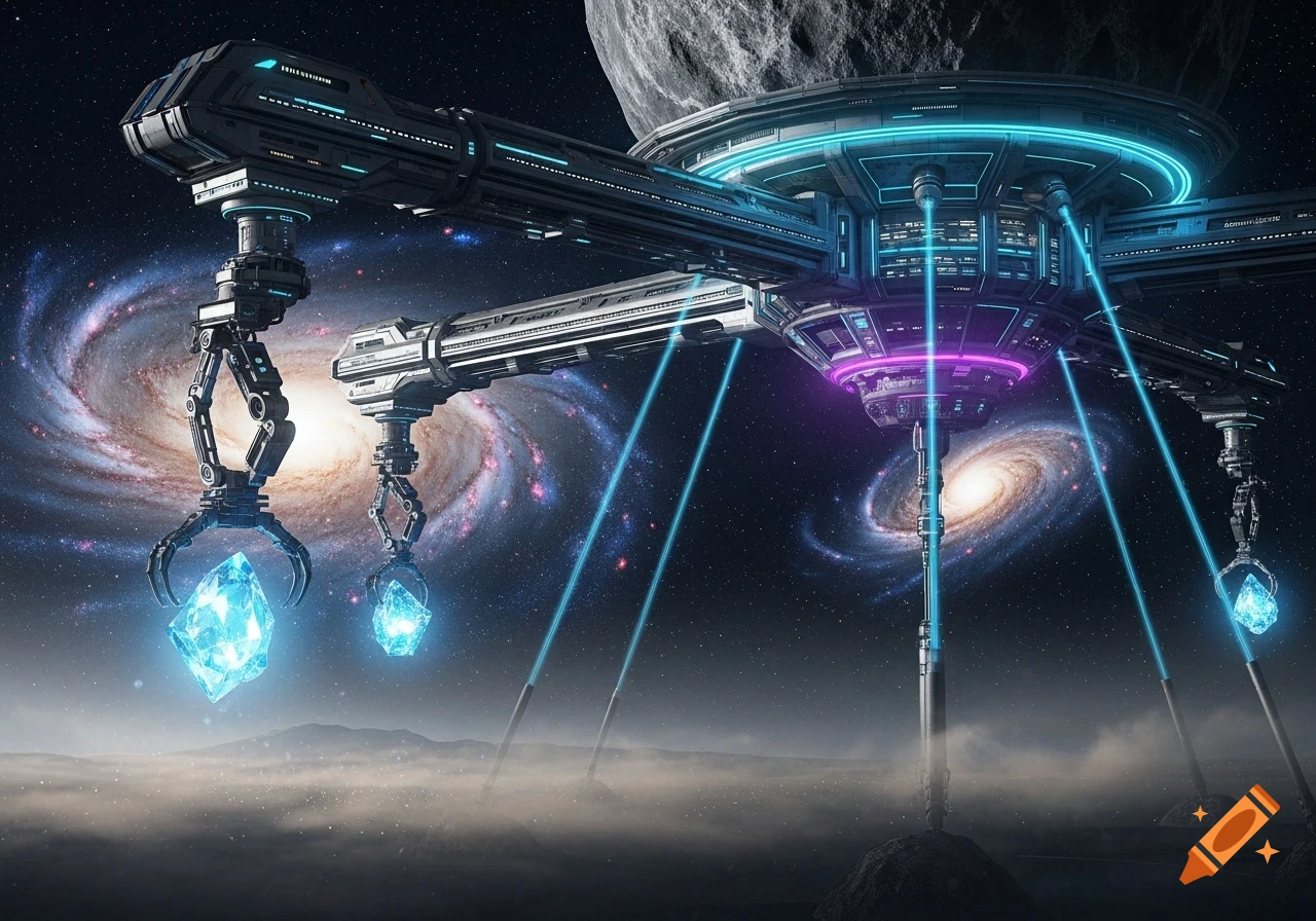 A futuristic space station with robotic arms extracts glowing blue crystals, set against a backdrop of galaxies and a large moon.