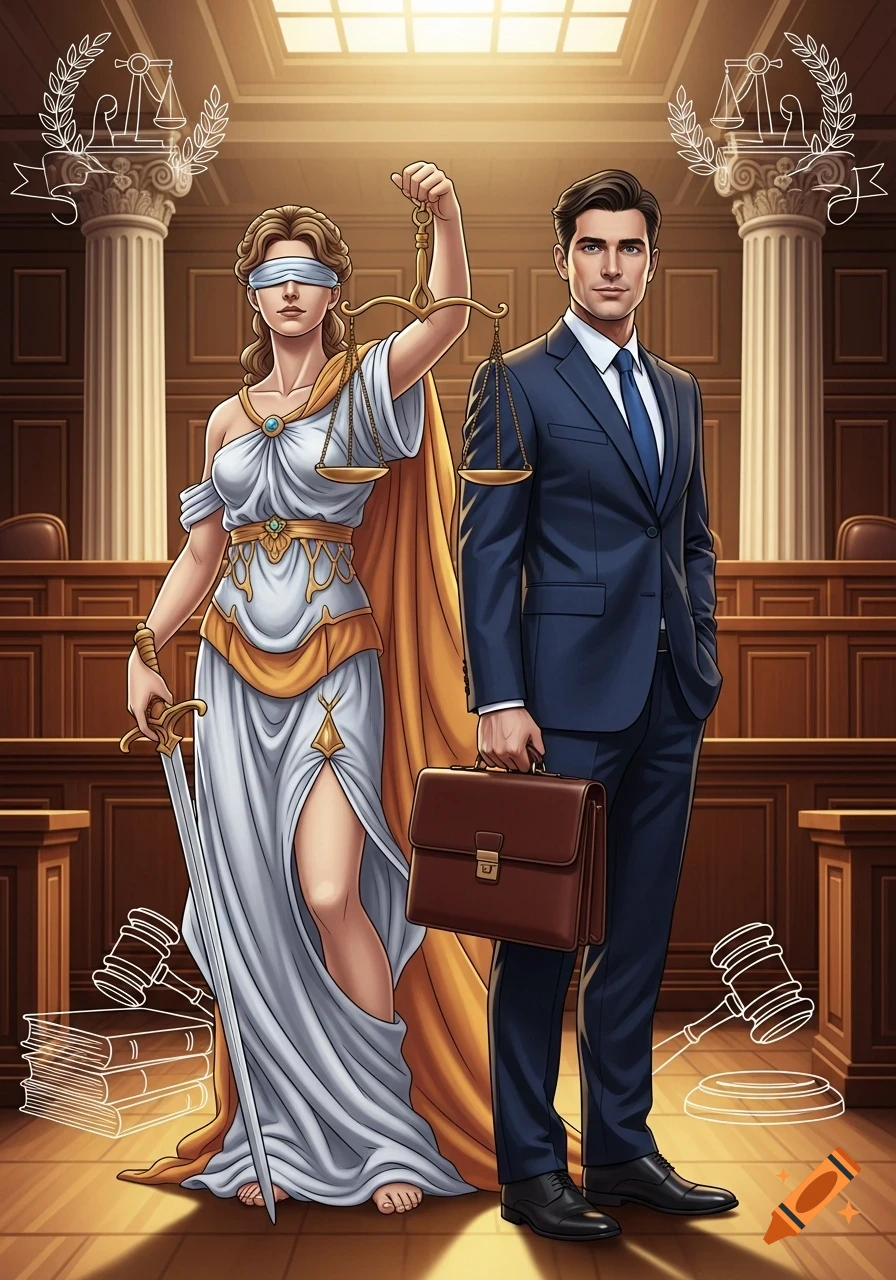Illustration of blindfolded Lady Justice holding scales and a sword, next to a lawyer in a suit holding a briefcase, in a courtroom.