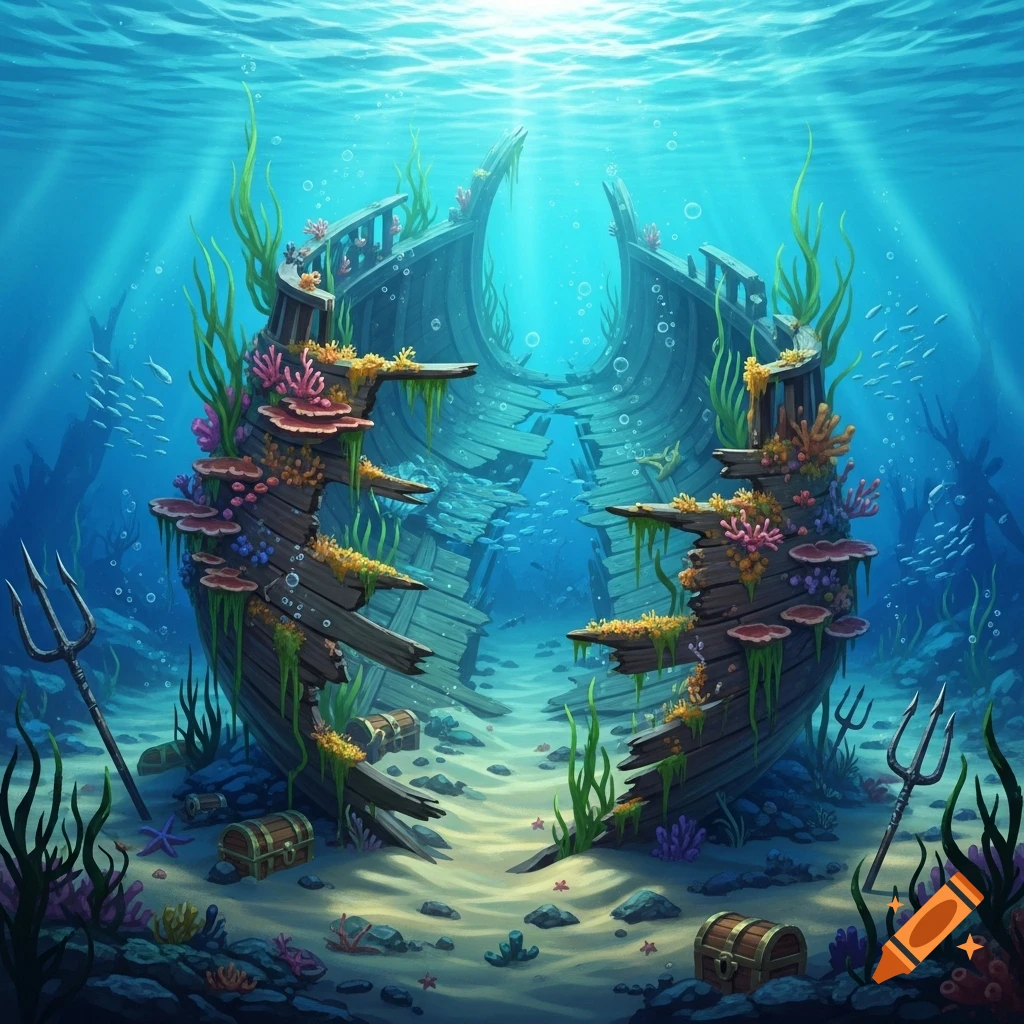Vibrant underwater scene with an old wooden shipwreck, broken in two, covered in coral and seaweed, in a fantasy art style.