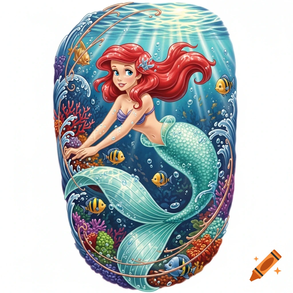 Ariel the Little Mermaid with flowing red hair and a teal tail swims underwater with tropical fish and coral.