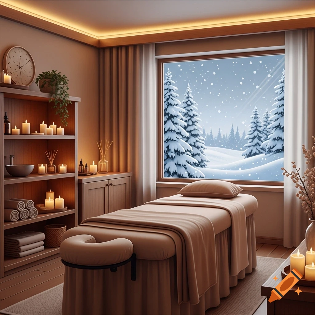 Cozy spa treatment room with a massage bed, lit candles, and a large window showcasing a snowy winter forest.