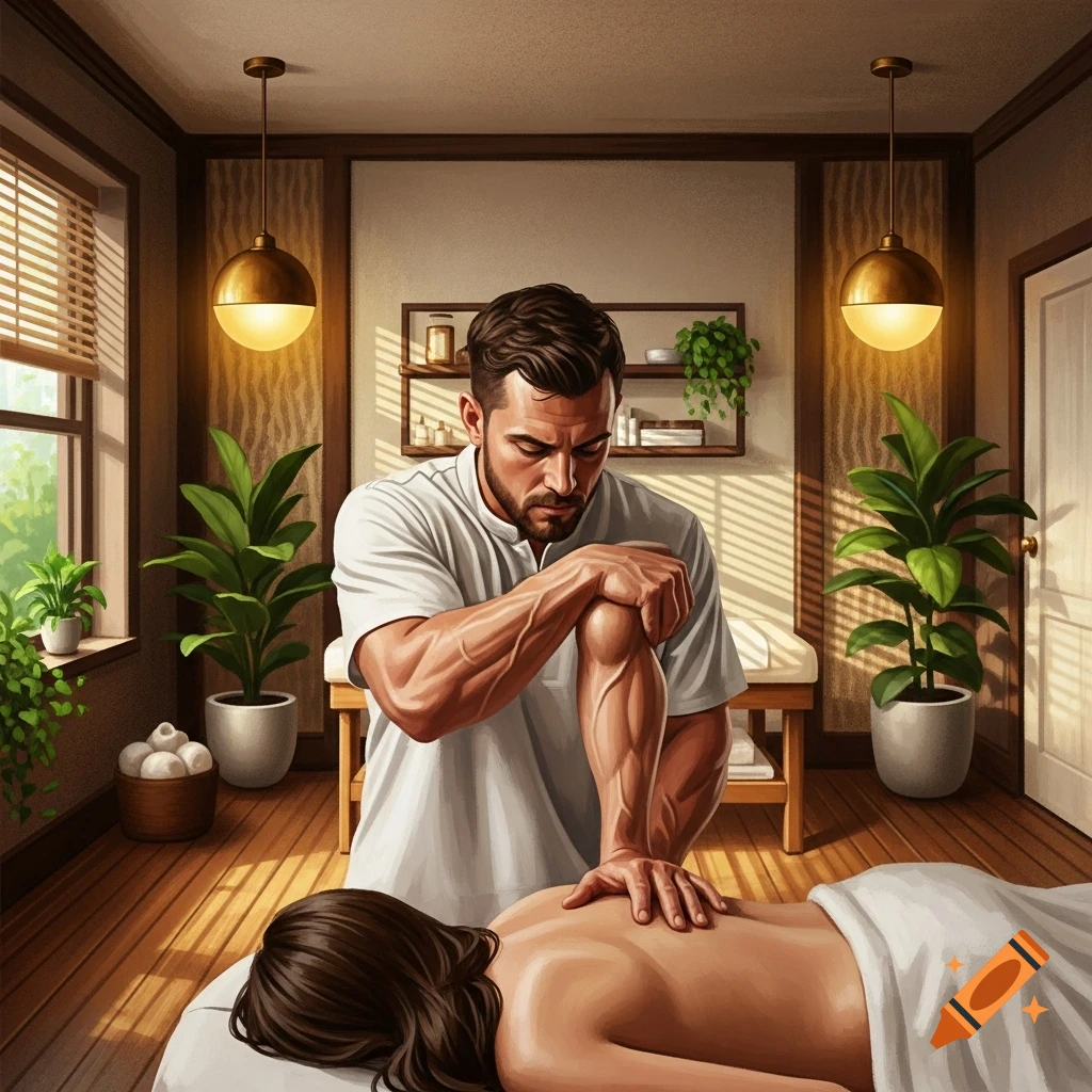 A male therapist performs a deep tissue elbow massage on a woman's back in a serene, plant-filled massage room.