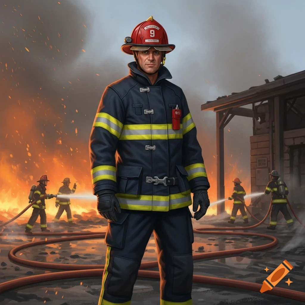 A determined firefighter in a dark blue and yellow suit stands in front of a raging fire with other firefighters battling it in the background.