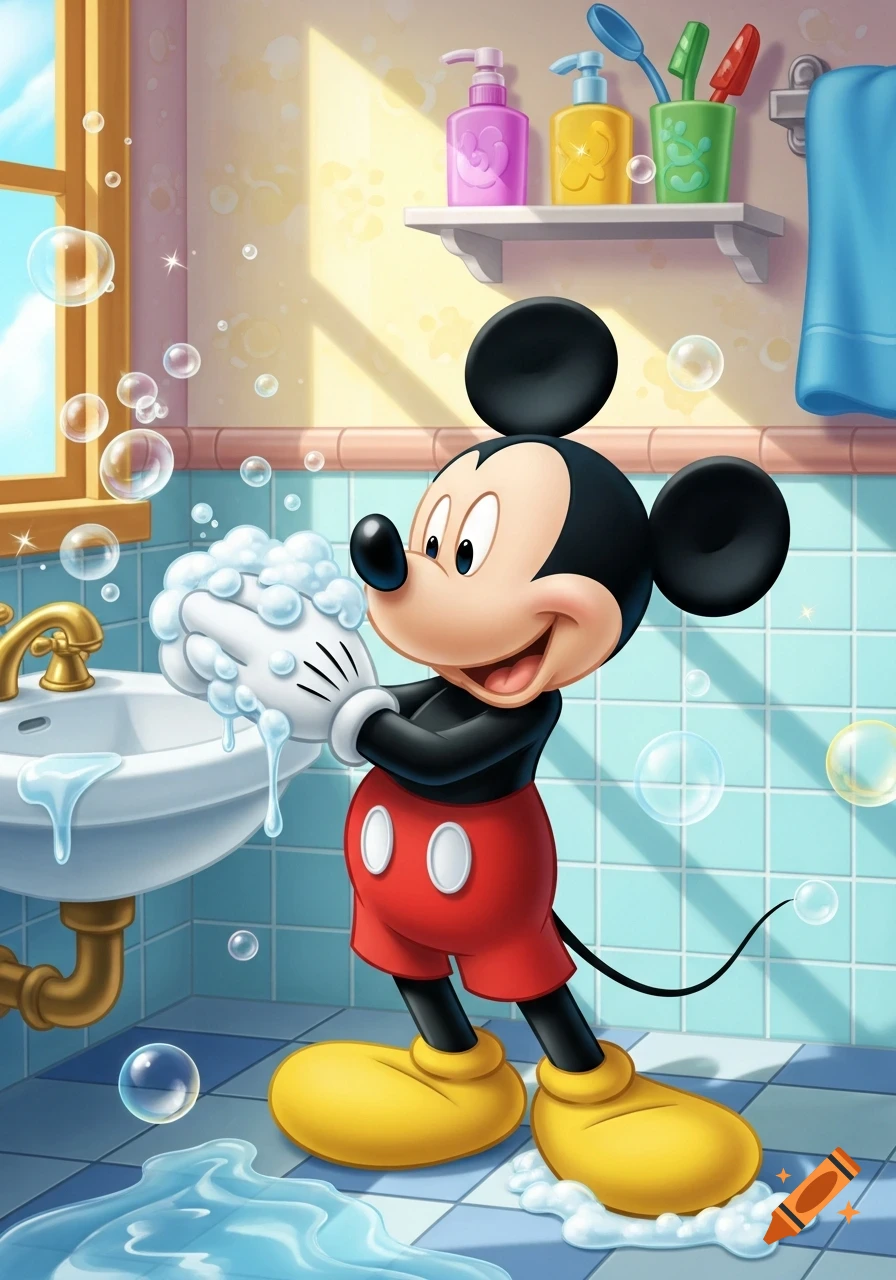 Mickey Mouse happily washes his hands with soap and bubbles in a brightly lit cartoon bathroom.