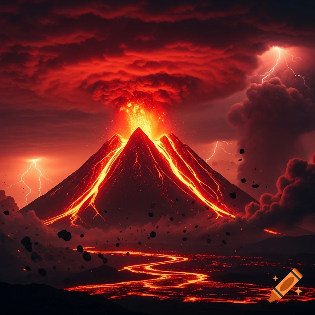 A dramatic volcanic eruption under a dark red sky, with bright orange lava flowing down its sides and lightning flashing in the clouds.