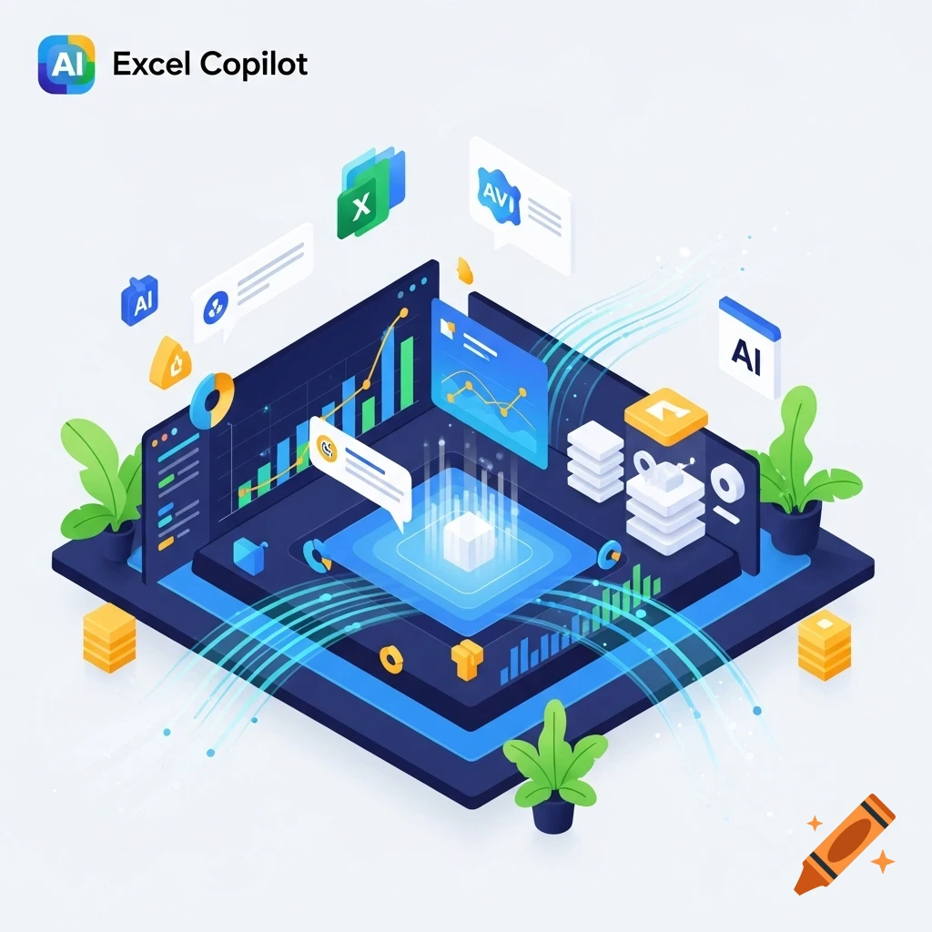 Vibrant isometric illustration of an AI-powered Excel Copilot workspace featuring data visualizations, charts, and various tech elements.