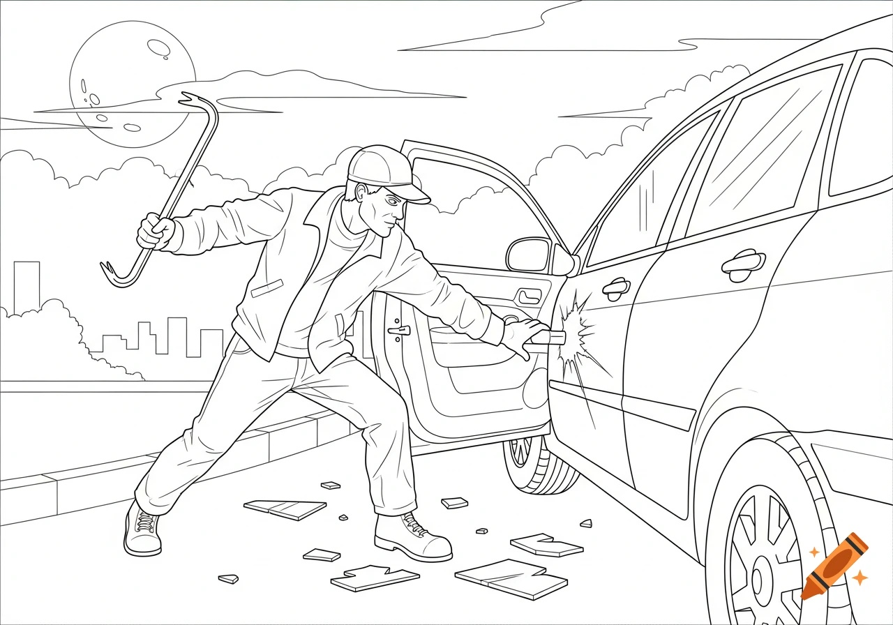 A thief with a crowbar breaking into a car, with shattered glass on the ground, depicted as a black and white coloring page illustration.
