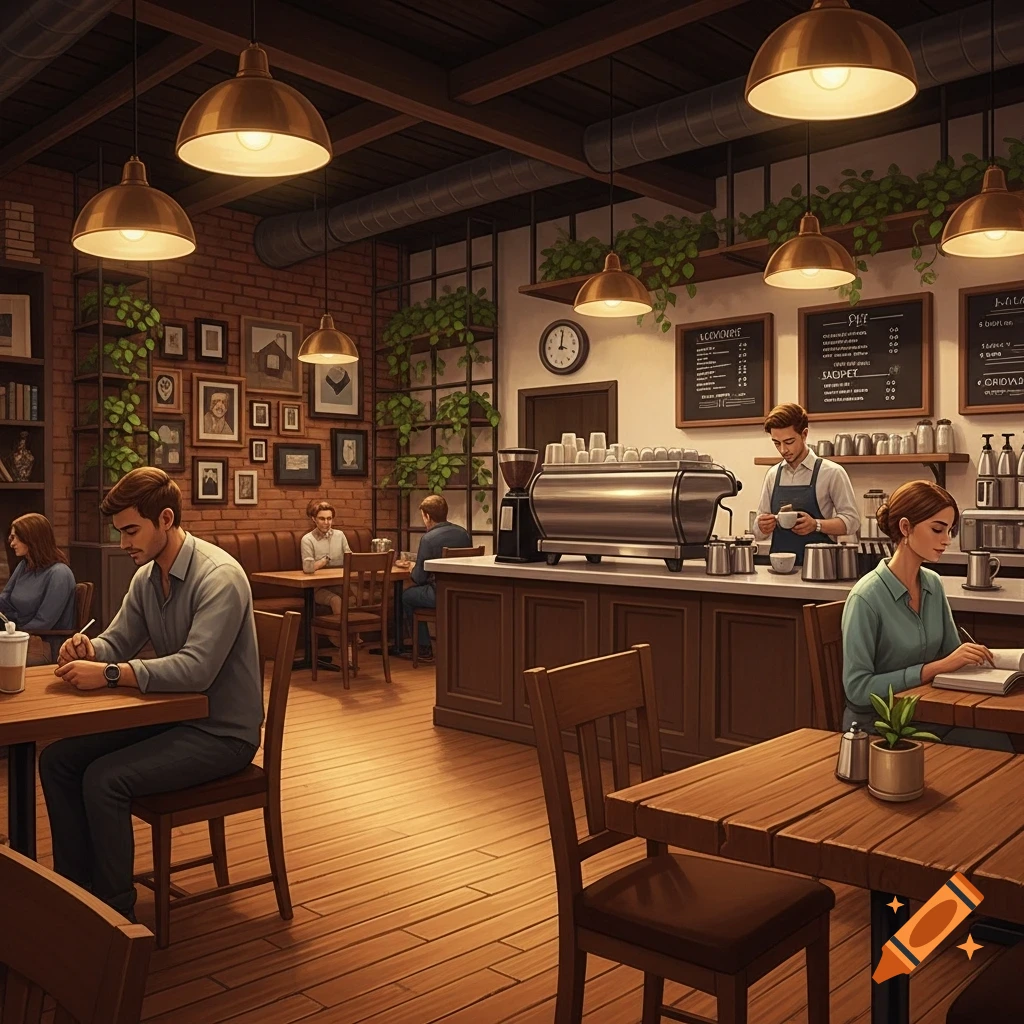 A warmly lit, inviting coffee shop with customers, a barista behind the counter, and brick walls. Photorealistic style.