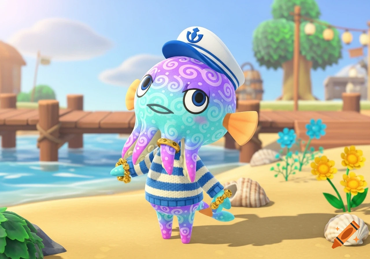 An Animal Crossing style cuttlefish villager in a striped sailor shirt and hat stands on a sandy beach next to a wooden pier.