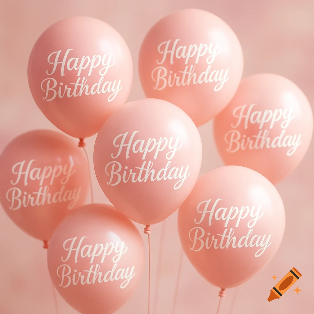 Multiple light pink balloons with 'Happy Birthday' written in white script, against a soft pink background.
