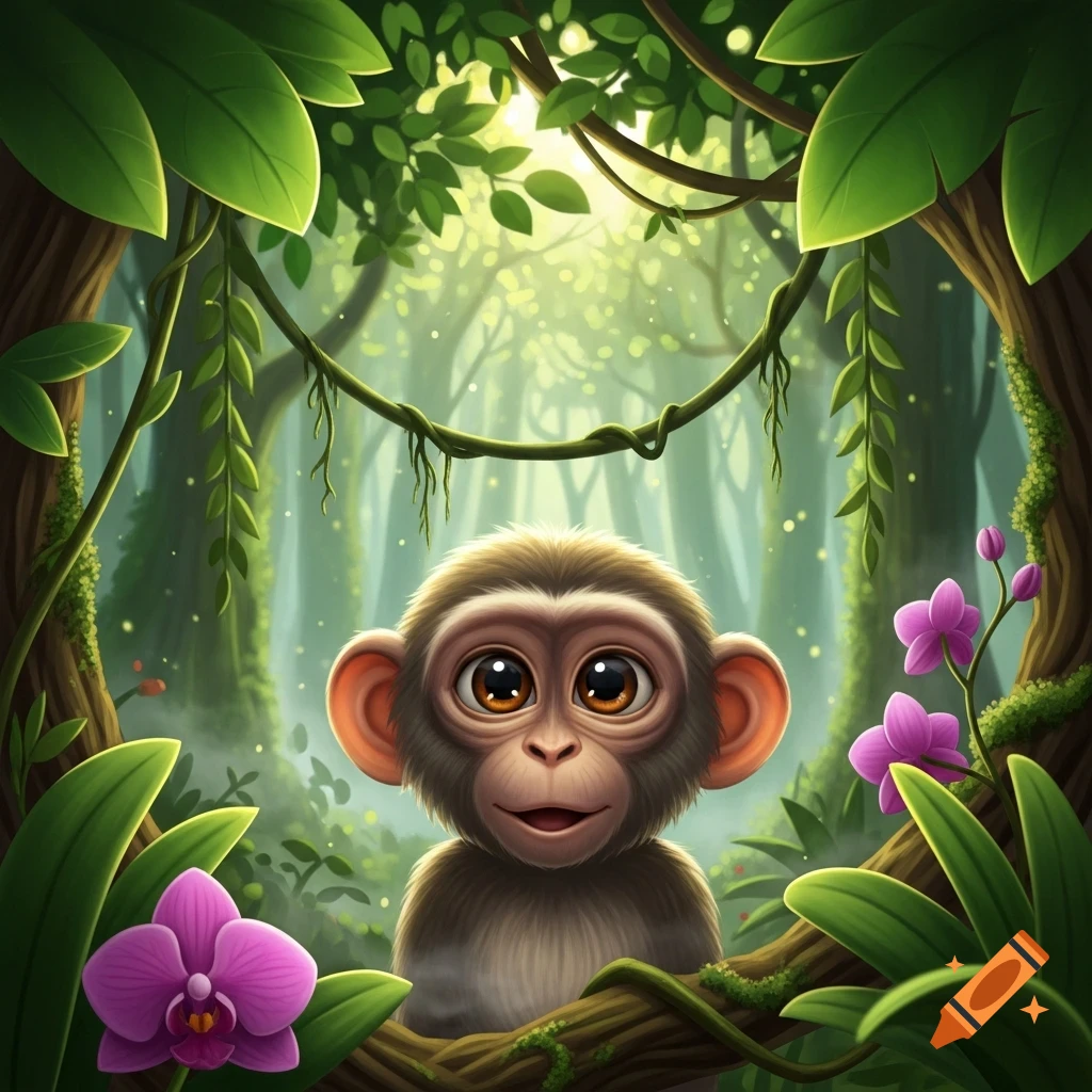 A wide-eyed baby monkey in a vibrant, stylized jungle illustration with green leaves and purple orchids.