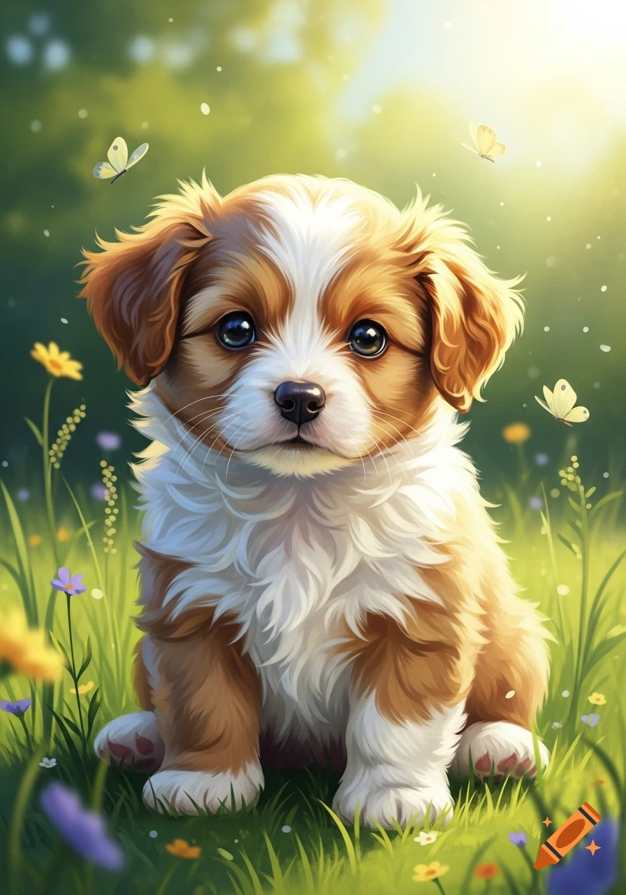 A fluffy brown and white puppy sits in a sunny green field with colorful flowers and butterflies, digital art.