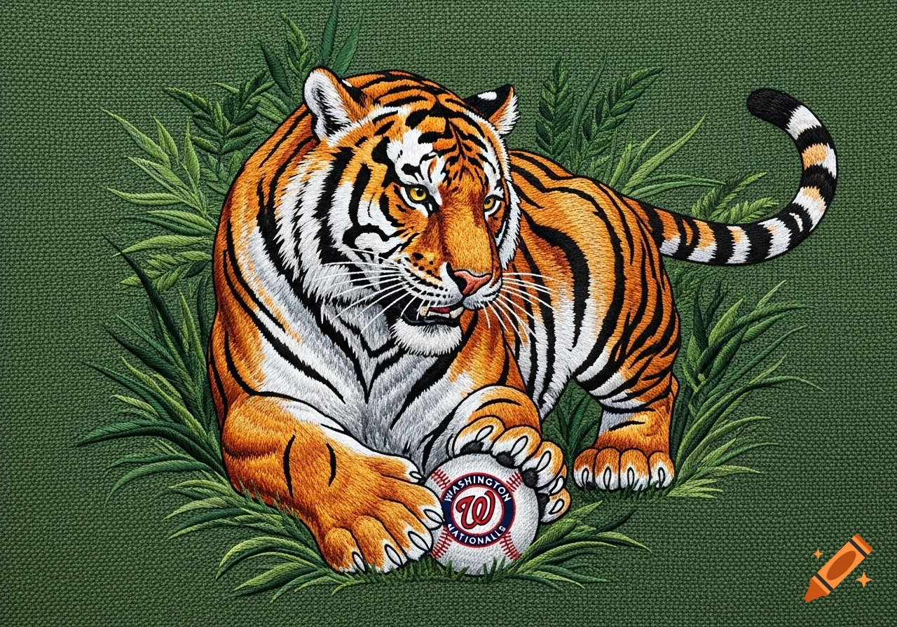 Embroidery of a crouching Bengal tiger with a Washington Nationals baseball amidst green leaves.