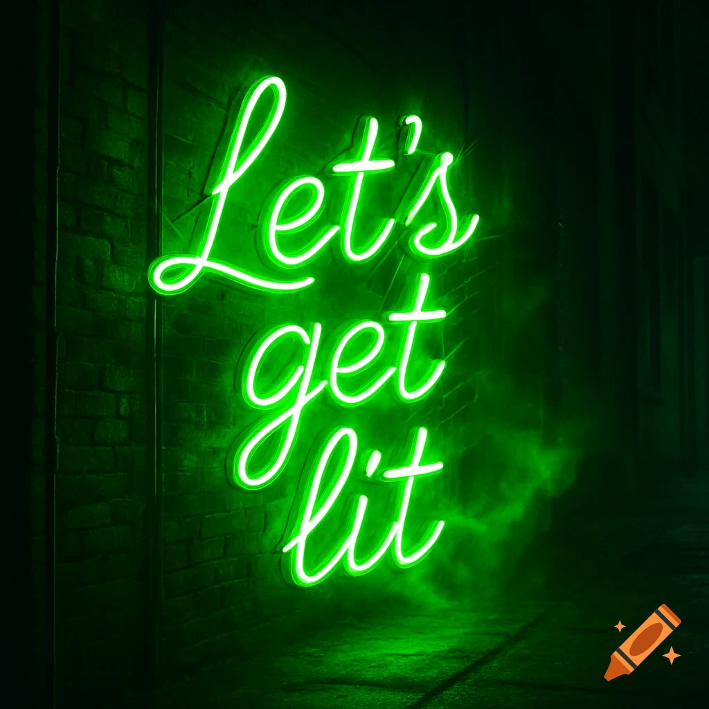 A vibrant green neon sign reading 'Let's get lit' glows on a dark brick wall, casting light on the surrounding area.