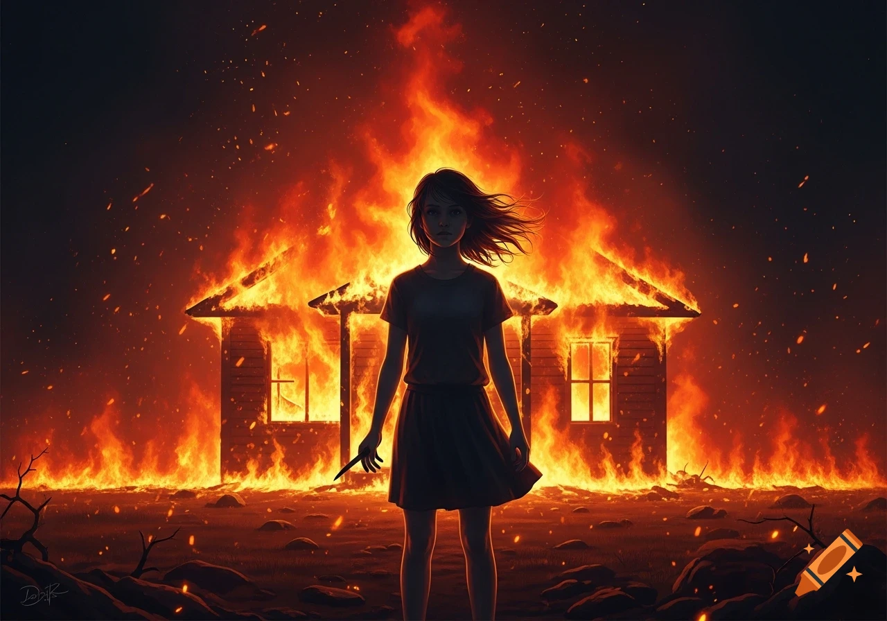 A young girl stands silhouetted against a house engulfed in bright orange flames at night, with embers flying.