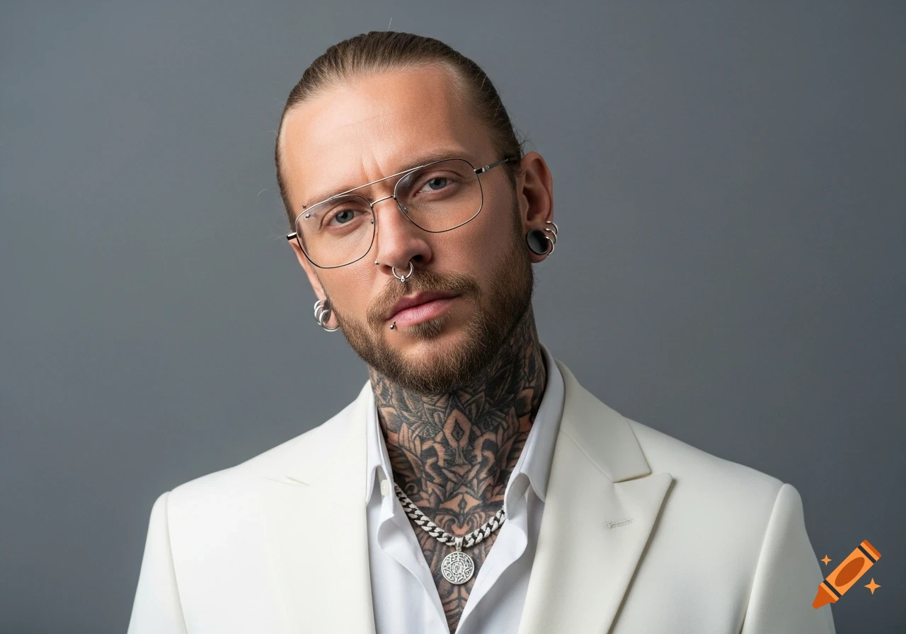 Photorealistic portrait of a man with a beard, glasses, facial piercings, and neck tattoos, wearing a white suit.