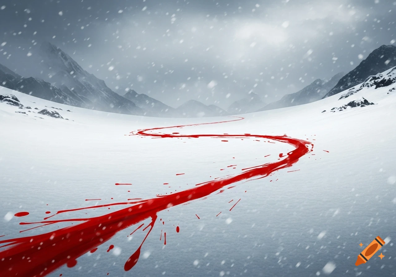 A winding trail of bright red blood splatters across a vast, snowy mountain landscape during a blizzard.