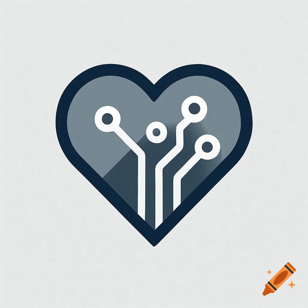A modern, minimalist logo features a grey heart with a dark blue outline, containing white circuit board-like lines and dots.