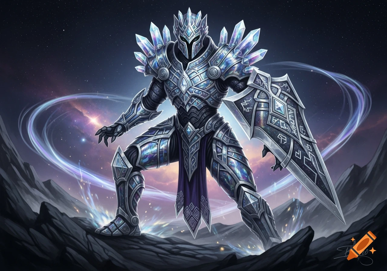 A powerful cosmic knight in shimmering crystal armor and shield stands heroically on a rocky alien planet under a starry, swirling galaxy sky.