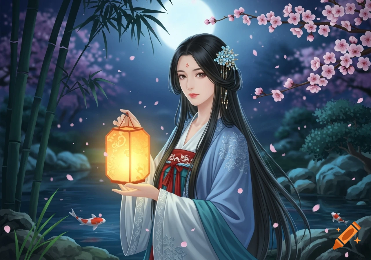 An anime-style Asian woman in traditional attire holds a glowing lantern by a pond under a full moon, with cherry blossoms and bamboo.