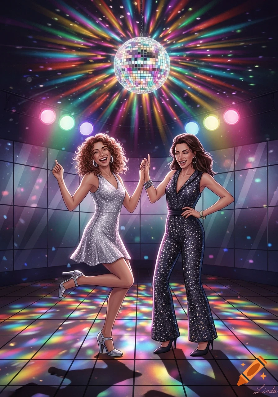 Two smiling women in sparkly disco outfits dance under a colorful disco ball and bright lights in a vibrant illustration.