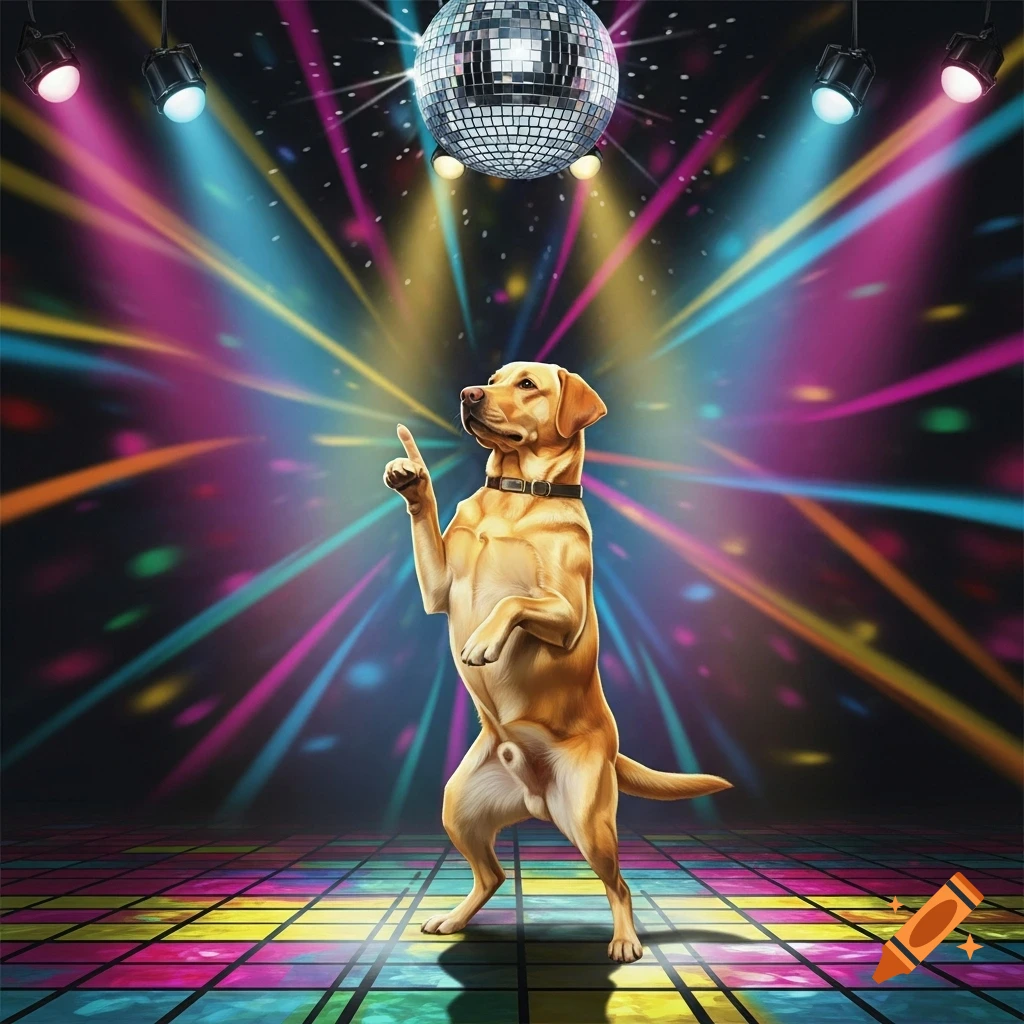 A yellow Labrador dog dances on its hind legs in a disco, illuminated by colorful laser lights and a disco ball.